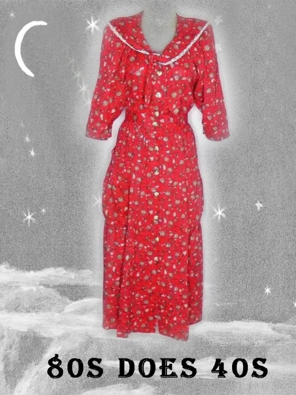40s STYLE Dress Red Floral Frock with Pockets is 80s Vintage